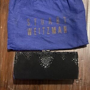 Stuart Weitzman Black Embellished Clutch approximately 8” wide and 3.5” height